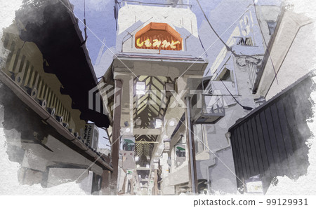 Watercolor style Shimomon gate shopping street Nara city, Nara prefecture 99129931