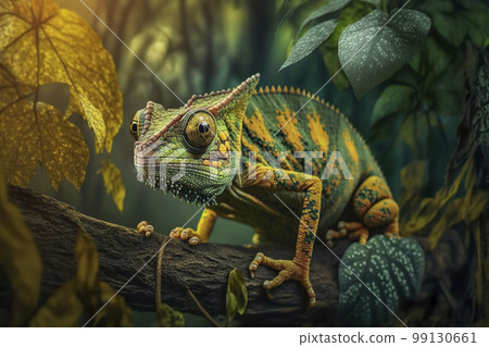 Chameleon on a tree branch. Generative AI. Chameleon on a tree branch. Generative AI. 99130661