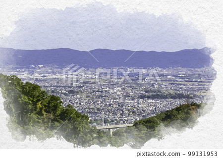 Watercolor style view of the Nara Basin from Mt. Shigi, Hegun Town, Ikoma District, Nara Prefecture 99131953