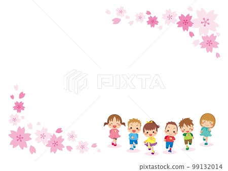 Illustration frame copy space template of cute little children running around energetically under the blue sky Illustration frame copy space template of cute little children running around energetically under the blue sky 99132014