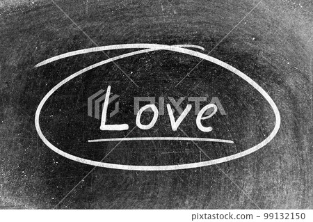 White chalk hand writing in word love and circle shape on blackboard background White chalk hand writing in word love and circle shape on blackboard background 99132150