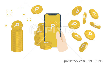 Point coins Stacked piles, smartphones, sets falling at various angles Point coins Stacked piles, smartphones, sets falling at various angles 99132196