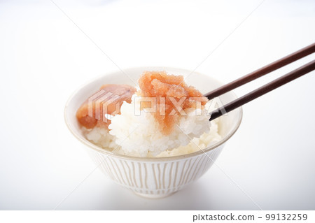 Holding rice with uncolored cod roe with chopsticks Holding rice with uncolored cod roe with chopsticks 99132259