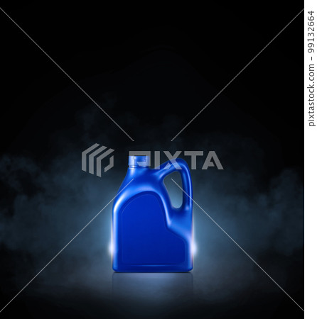 Blue bottle of engine oil on black background with smoke 99132664