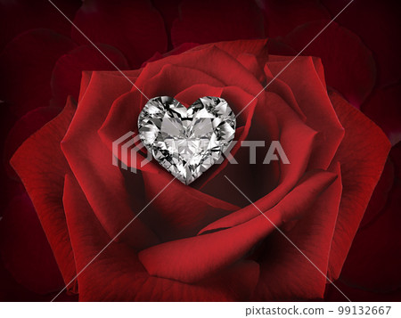 Diamond heart on a Rose Flower on background of beautiful red rose petals Diamond heart on a Rose Flower on background of beautiful red rose petals 99132667
