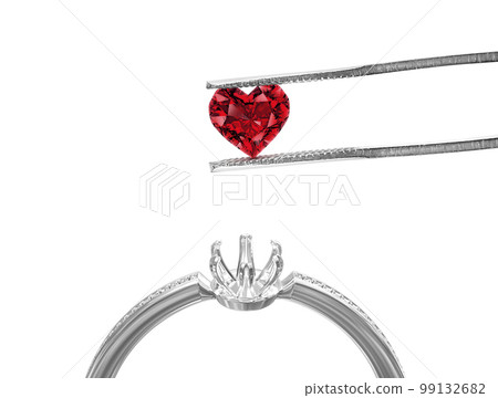 White gold or silver ring without gemstone and Excellent red heart cut diamonds held by tweezers on a white background. 3d render White gold or silver ring without gemstone and Excellent red heart cut diamonds held by tweezers on a white background. 3d render 99132682