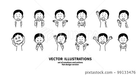 Illustration set of facial expressions and gestures boy line drawing monochrome 99133476