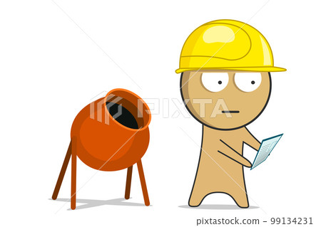 Builder in a yellow hard hat looks at the plan 99134231