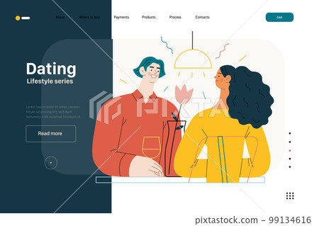 Lifestyle web template - Dating - modern flat vector illustration of a woman and a man dating in the restaurant sitting at the table drinking wine, vase with a flower. People activities concept 99134616