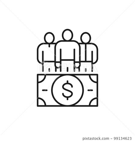 Dollar banknotes with team, business team lineal icon. Cash payment, paper bill, dollar symbol design. 99134623