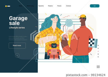Lifestyle web template -Garage sale -modern flat vector illustration of a woman selling house stuff, table filled with house utilities and toys, and man buying a chess board. People activities concept 99134624