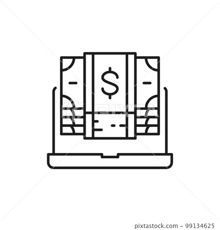 Dollar banknotes with laptop, cash payment lineal icon. Cash payment, paper bill, dollar symbol design. 99134625