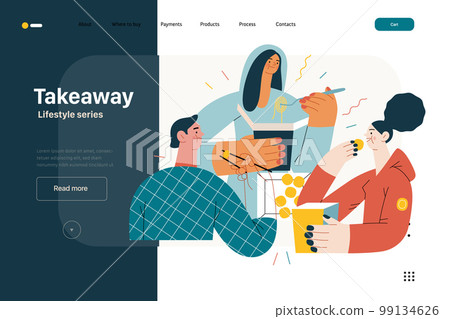 Lifestyle web template - Takeaway - modern flat vector illustration of a group of friends eating takeaway food from boxes sitting at home. People activities concept 99134626