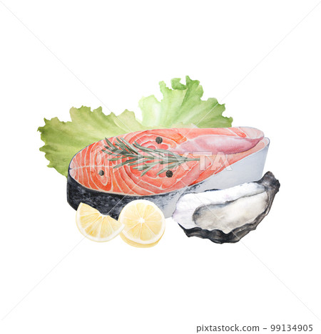 Watercolor illustration of raw salmon steak with lemon, peppercorns, oyster, rosemary and lettuce isolated on white background 99134905