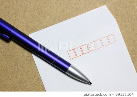Ballpoint pen and plain white envelope with zip code frame Ballpoint pen and plain white envelope with zip code frame 99135104