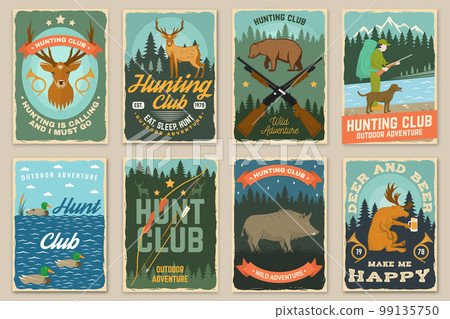Hunting club poster, banner. Vector. Vintage typography design with hunting gun, binoculars, mountains, dog, bear, deer and forest silhouette. Outdoor adventure hunt club emblem. 99135750