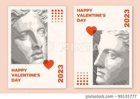 Poster, banner for Valentine's day postcard, card, congratulations and poster with Engraved antique face and heart. Love, romantic relationship concept. Vector illustration. Flat style 99135777