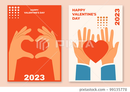 Poster, banner for Valentine's day postcard, card, congratulations and poster. Hands with heart. Two hands making heart sign. Love, romantic relationship concept. Vector illustration. Flat style Poster, banner for Valentine's day postcard, card, congratulations and poster. Hands with heart. Two hands making heart sign. Love, romantic relationship concept. Vector illustration. Flat style 99135778