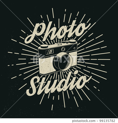 Photo studio badge, logo design with vintage photo camera. Vector illustration. Vintage typography design for photographer with antique camera Photo studio badge, logo design with vintage photo camera. Vector illustration. Vintage typography design for photographer with antique camera 99135782