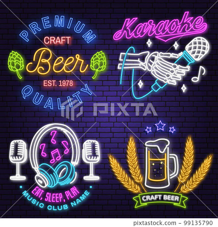 Retro music neon poster, banner. Neon sign, emblem, bright signboard, light banner with retro beer bar, headphones, saxophone. Vector illustration. Advertising bright neon for bar, pub and restaurant Retro music neon poster, banner. Neon sign, emblem, bright signboard, light banner with retro beer bar, headphones, saxophone. Vector illustration. Advertising bright neon for bar, pub and restaurant 99135790