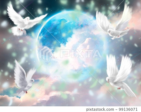 一隻白鴿在美麗的雲海和藍色的滿月周圍飛翔的奇幻背景插畫 99136071