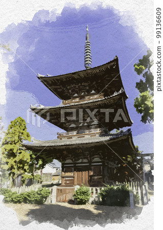 Watercolor-style Baekje-ji Temple three-storied pagoda Koryo-cho, Kitakatsuragi-gun, Nara Prefecture 99136609