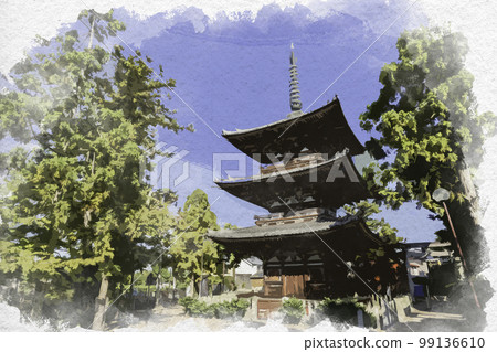 Watercolor-style Baekje-ji Temple three-storied pagoda Koryo-cho, Kitakatsuragi-gun, Nara Prefecture 99136610