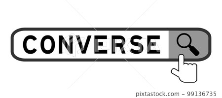 Search banner in word converse with hand over magnifier icon on white background Search banner in word converse with hand over magnifier icon on white background 99136735