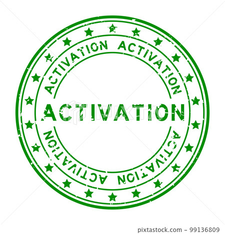 Grunge green activation word with star icon round rubber seal stamp on white background 99136809