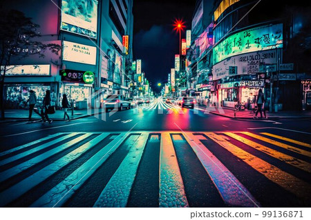 Neon night city Shibuya crossing in Tokyo. Generative AI 99136871