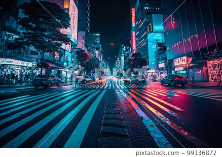 Neon night city Shibuya crossing in Tokyo. Generative AI 99136872