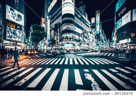 Neon night city Shibuya crossing in Tokyo. Generative AI 99136874