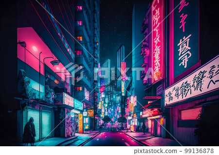 Neon night city street in Tokyo. Generative AI 99136878
