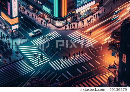 Neon night city Shibuya crossing in Tokyo. Generative AI 99136879