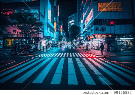 Neon night city Shibuya crossing in Tokyo. Generative AI 99136883