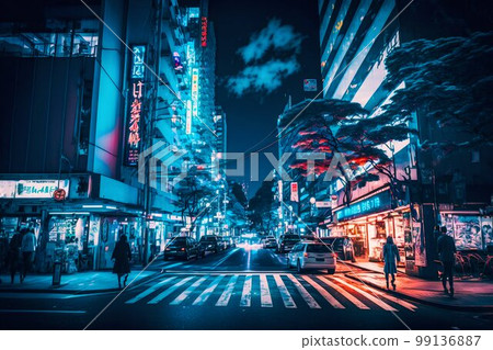 Neon night city Shibuya crossing in Tokyo. Generative AI Neon night city Shibuya crossing in Tokyo. Generative AI 99136887