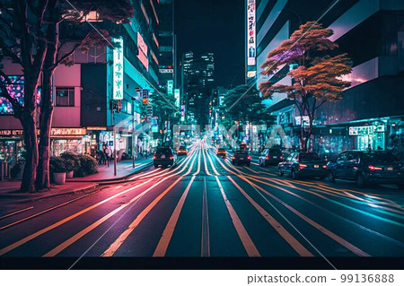 Neon night city Shibuya crossing in Tokyo. Generative AI 99136888