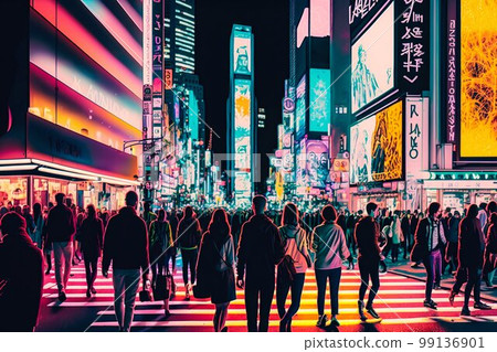 Neon night city Shibuya crossing in Tokyo. Generative AI Neon night city Shibuya crossing in Tokyo. Generative AI 99136901