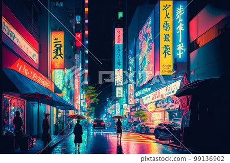 Neon night city street in Tokyo. Generative AI Neon night city street in Tokyo. Generative AI 99136902