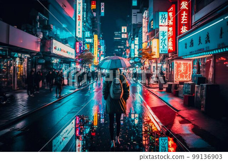 Neon night city street in Tokyo. Generative AI Neon night city street in Tokyo. Generative AI 99136903