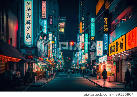 Neon night city street in Tokyo. Generative AI 99136904