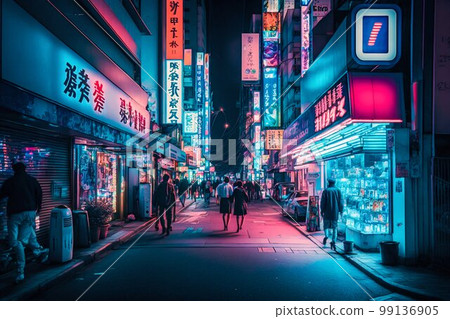 Neon night city street in Tokyo. Generative AI Neon night city street in Tokyo. Generative AI 99136905