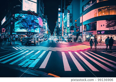 Neon night city Shibuya crossing in Tokyo. Generative AI 99136906