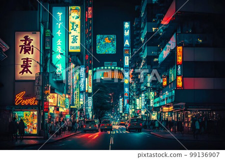 Neon night city street in Tokyo. Generative AI Neon night city street in Tokyo. Generative AI 99136907