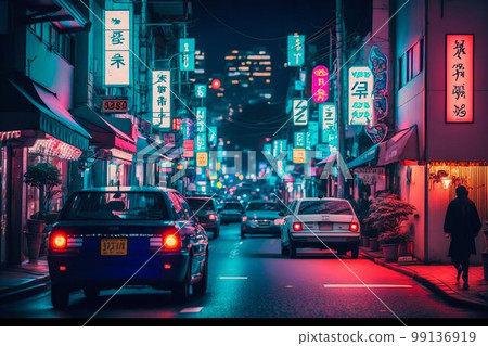 Neon night city street in Tokyo. Generative AI 99136919