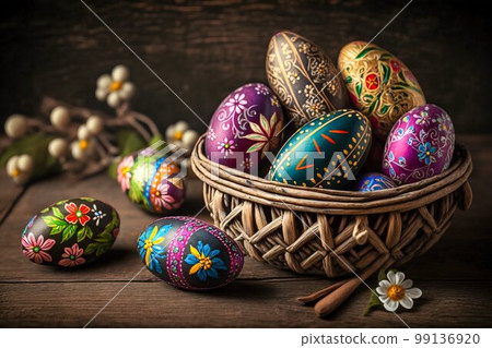 Easter Painted Eggs in Basket on Wooden Background. Generative AI 99136920