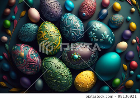 Easter Painted Eggs Colourful Pattern Background. Generative AI 99136921