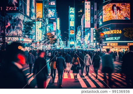 Neon night city Shibuya crossing in Tokyo. Generative AI 99136936