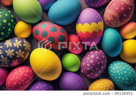 Easter Painted Eggs Colourful Pattern Background. Generative AI 99136951