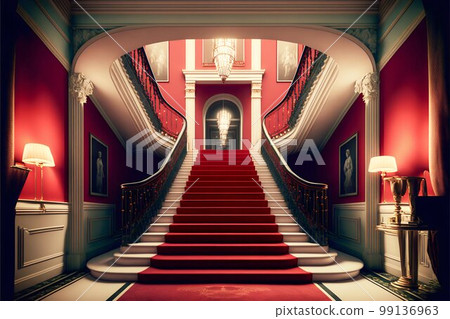 Interior hotel with stairs covered red carpet. Generative AI Interior hotel with stairs covered red carpet. Generative AI 99136963